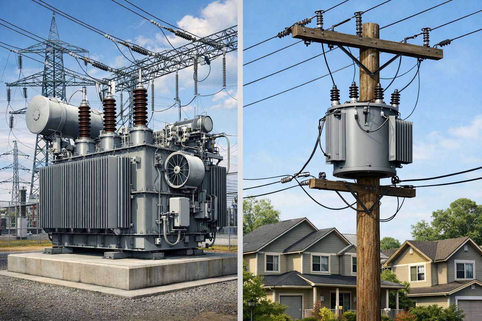 Side-by-side illustration of a large power transformer on a concrete platform with high-voltage lines and a smaller distribution transformer mounted on a wooden utility pole in a residential area.