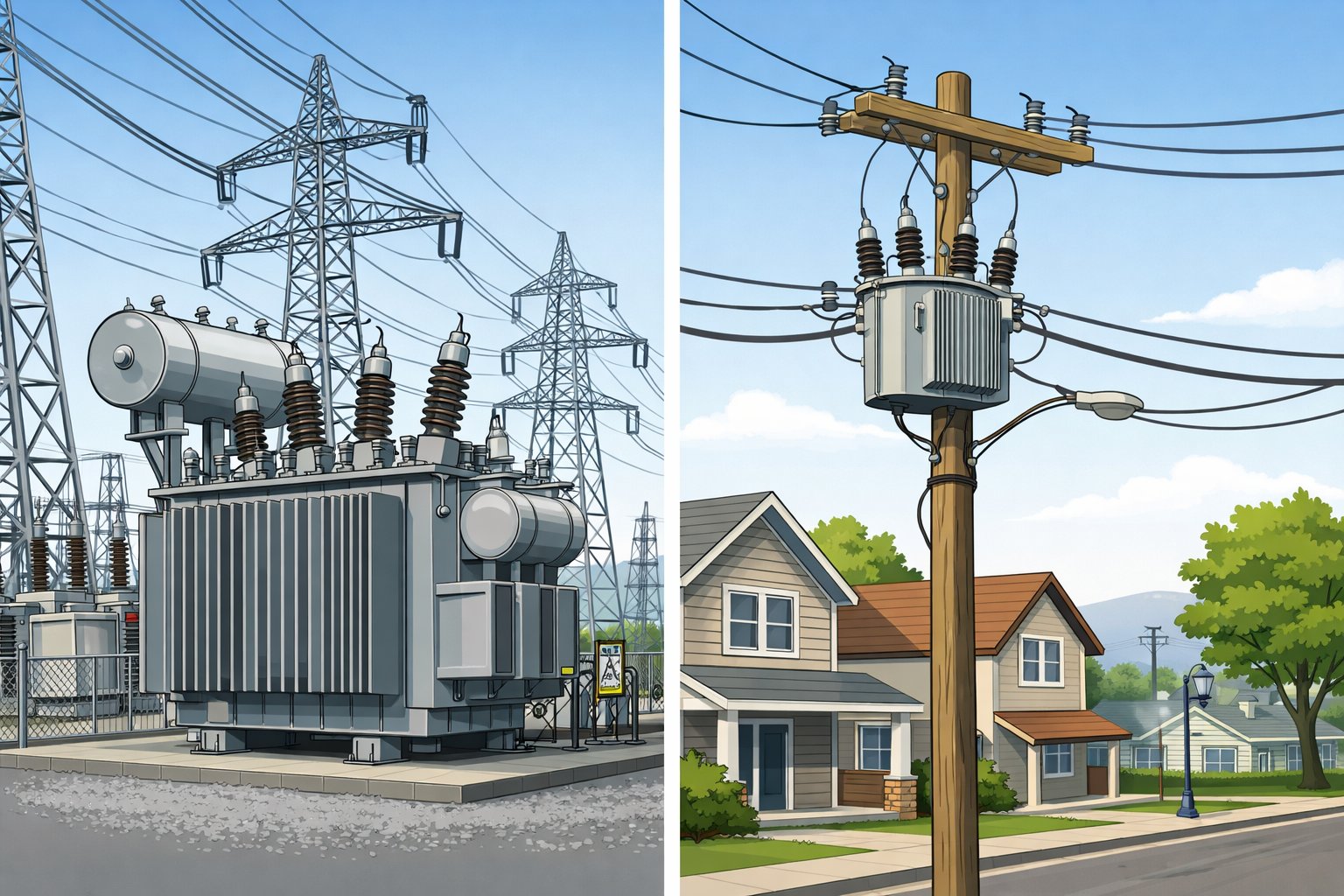 An illustration showing a large power transformer at a high-voltage substation next to a smaller distribution transformer on a utility pole in a residential area, highlighting their different sizes and settings within an electrical grid.