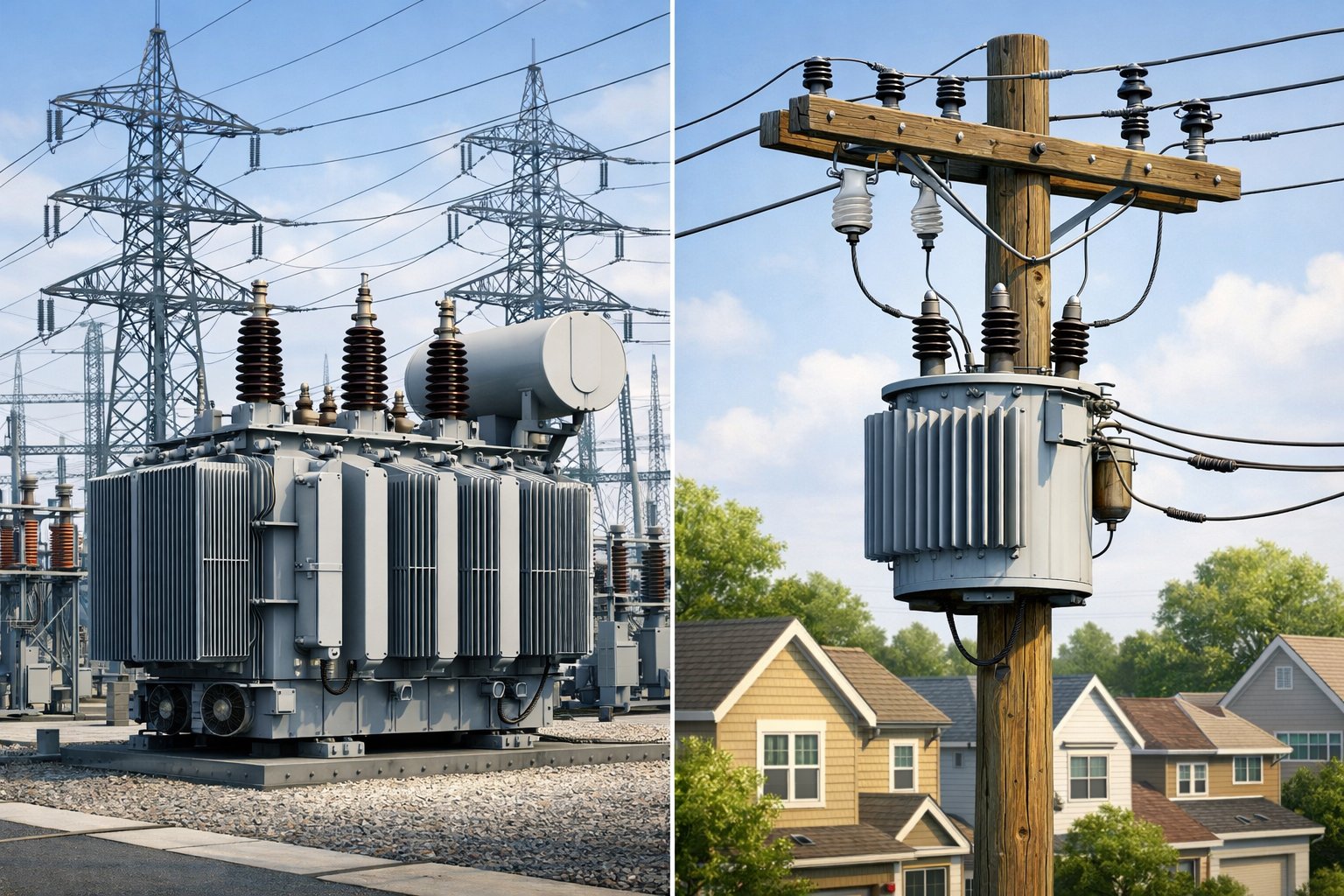 A detailed illustration showing a large power transformer in a high-voltage substation next to a smaller distribution transformer mounted on a utility pole in a suburban neighborhood.