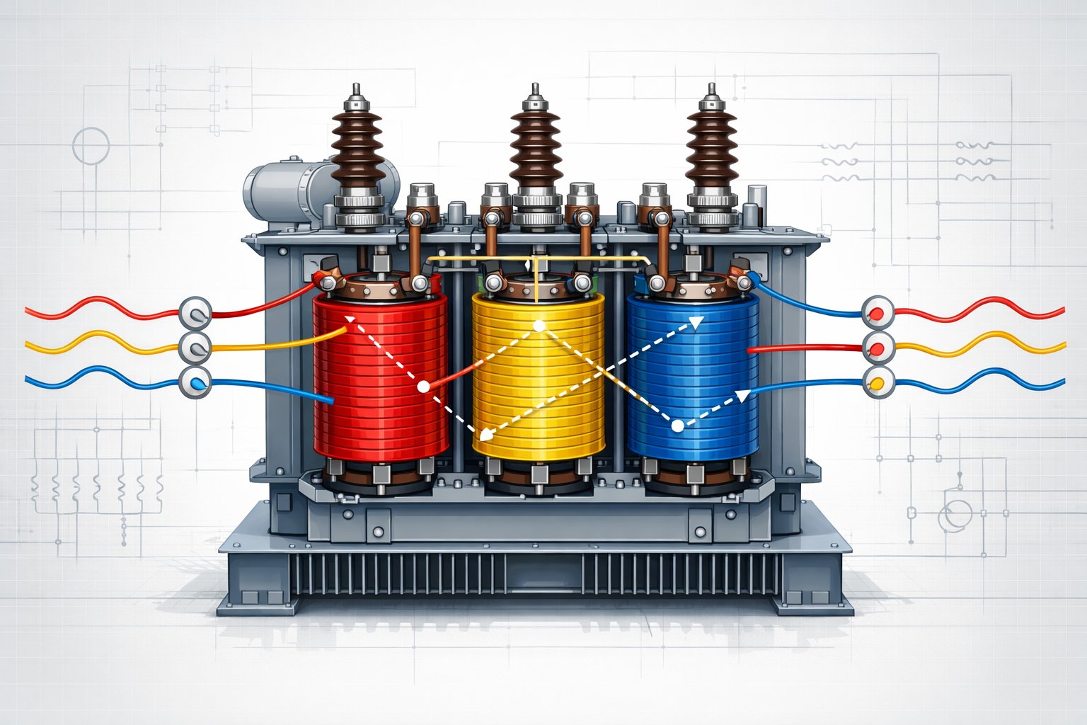 A detailed illustration of a three-phase transformer with three color-coded coils and electrical connections.