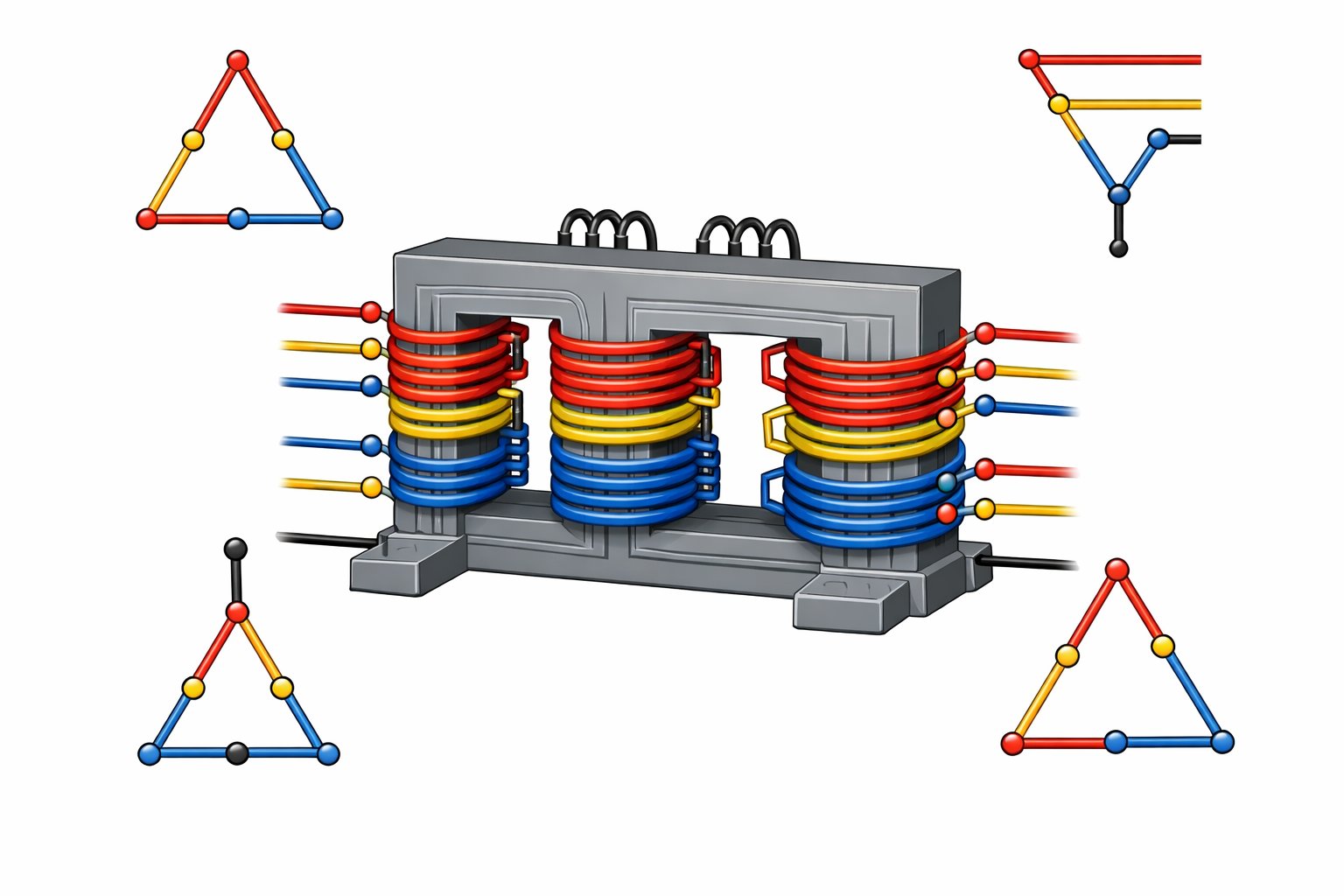 A detailed diagram of a three-phase transformer showing different winding connections and configurations with color-coded wires and coils around the core.