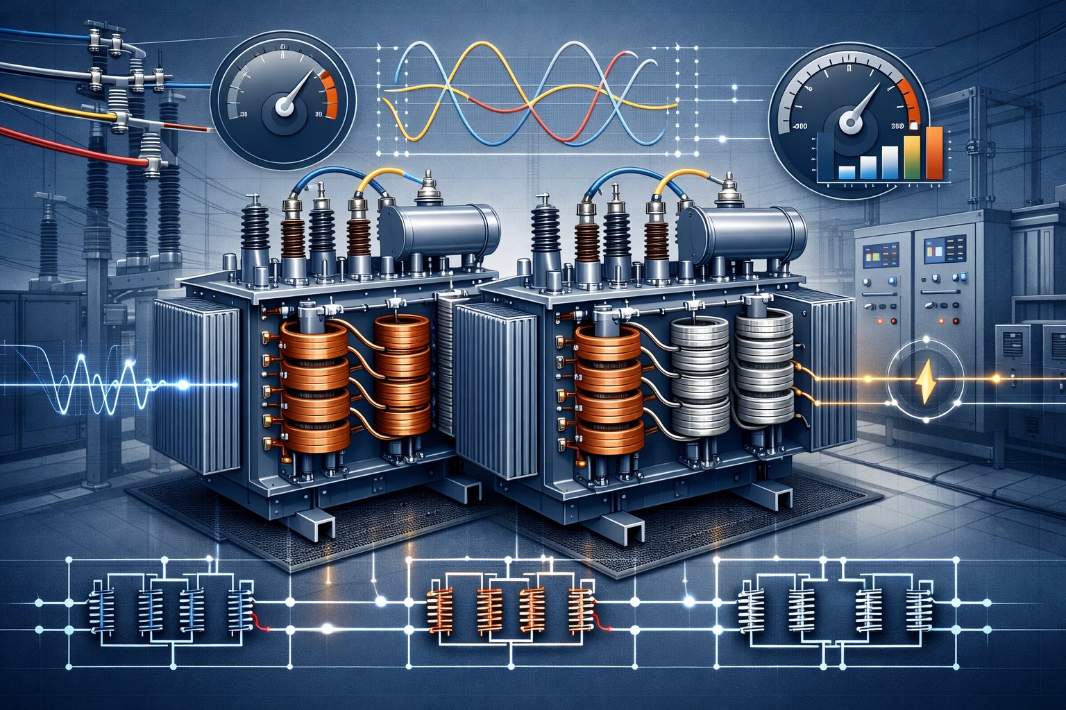 Illustration of a three-phase transformer connected to power lines, showing multiple transformers operating in parallel within an electrical substation environment.