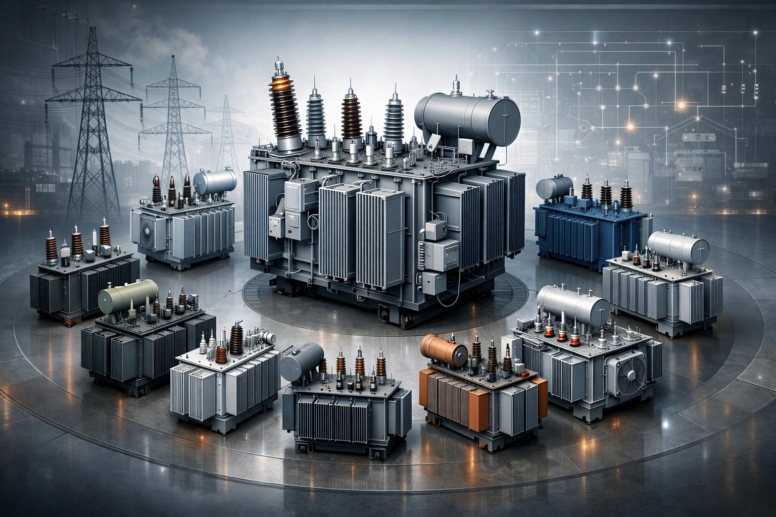 An illustration showing one large power transformer surrounded by ten smaller transformers in an industrial setting with power grids and transmission towers in the background.