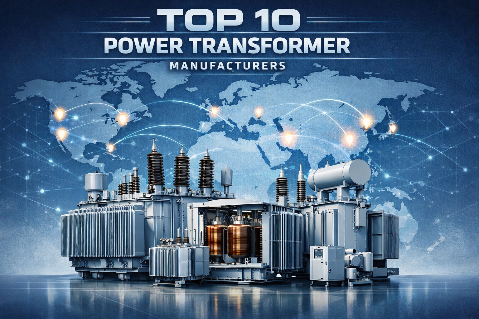 Illustration of a world map with highlighted locations and detailed power transformers representing leading global manufacturers.