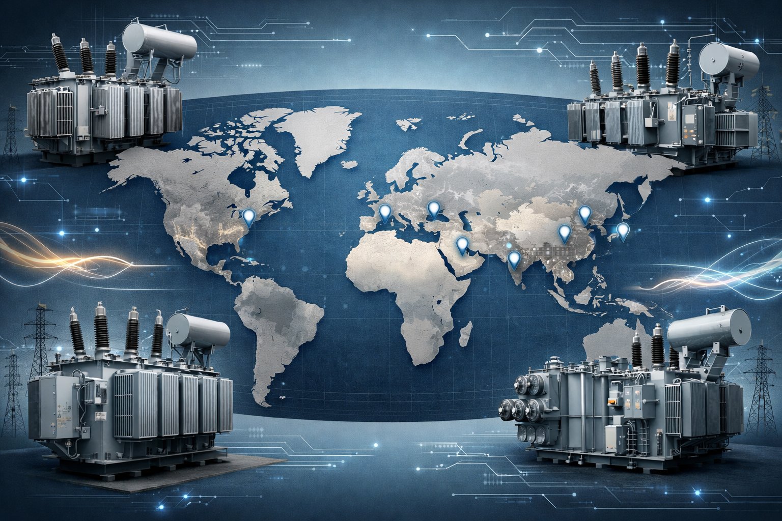A global map highlighting locations of major power transformer manufacturers with detailed illustrations of large industrial transformers and electrical elements around the map.